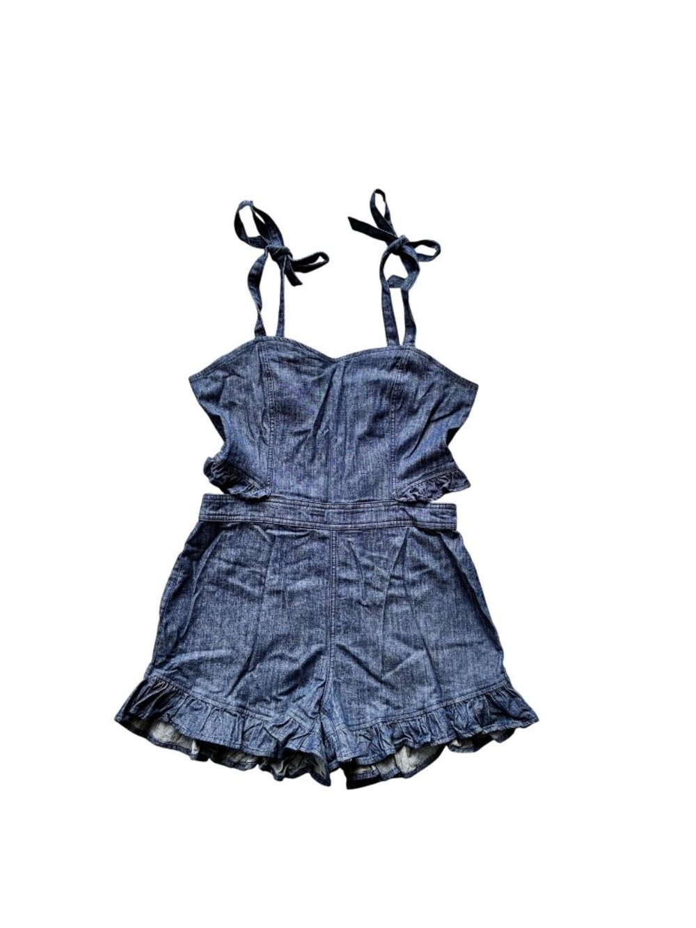 NWT‎ Bebe Tie Strap Ruffle Detail Denim Romper Size 10 Blue Zip Back